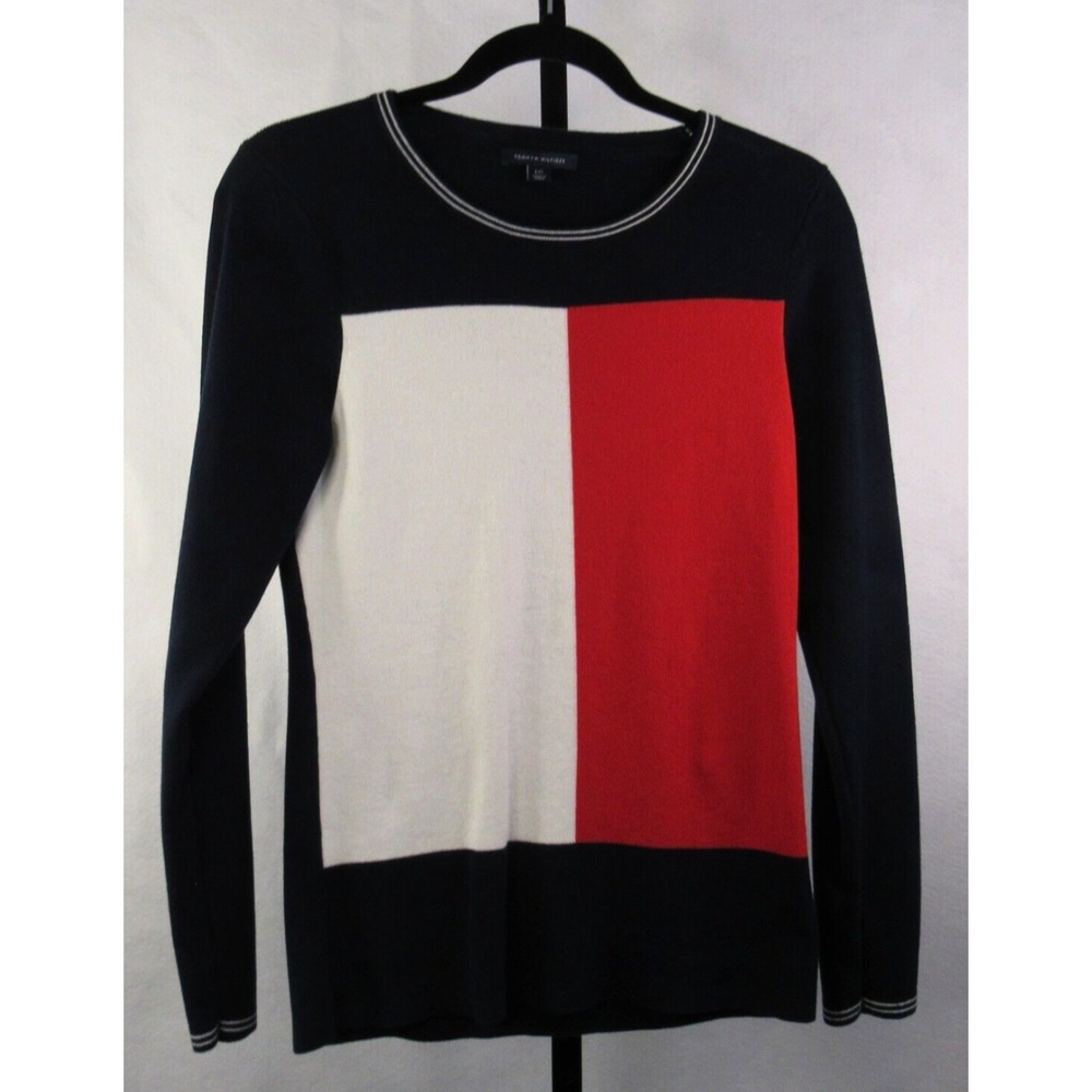 Tommy Hilfiger VTG Colorblock Block Flag Sweater Navy Red White SZ L